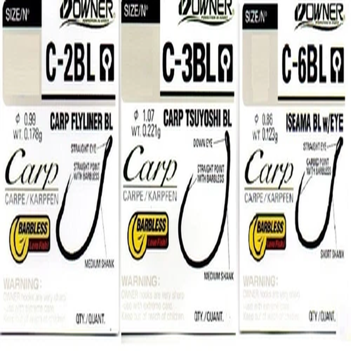 Owner Barbless Carp Fishing Hooks 3 Paterns Sizes 10-4