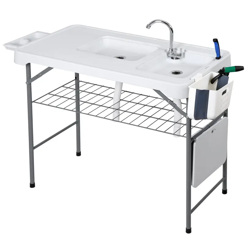 ZENY Fish Cleaning Table with Sink, 42.4" Width Portable Folding Camping Table, Outdoor Fish Cleaning Station with Grid Rack and Fish Cleaning Kit for Picnic