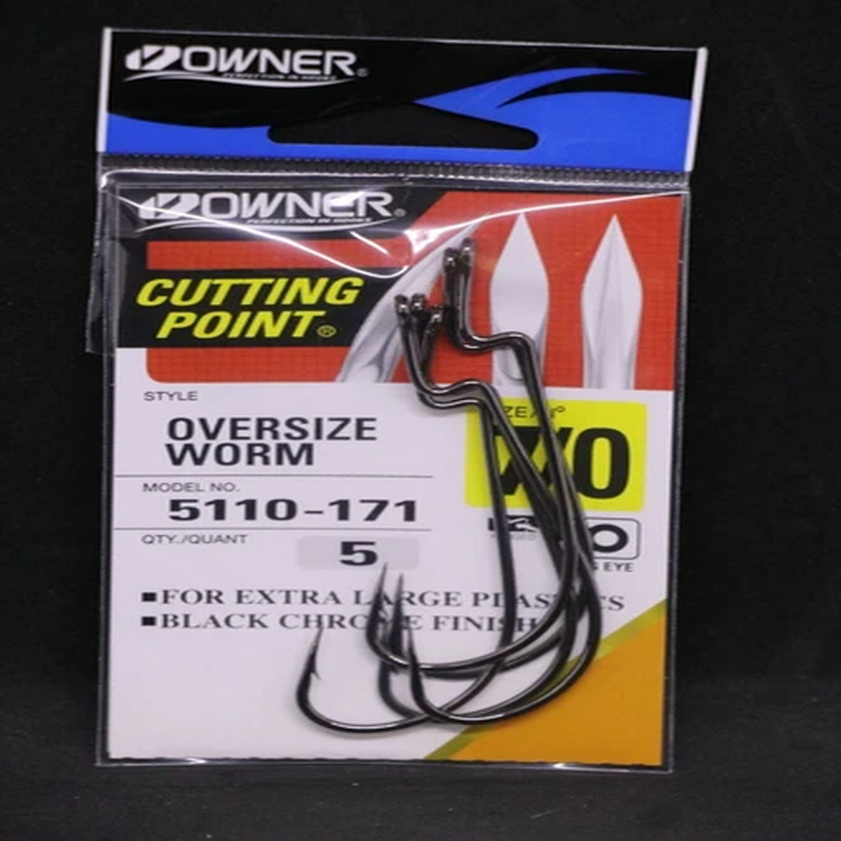 OWNER Black Chrome Oversize Worm Hooks 5110-171 Size 7/0 - 5 pack - Bass Hook