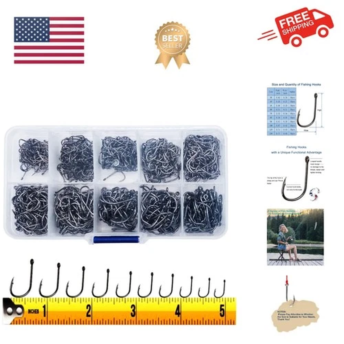 300PCS Small High-Carbon Steel Barbed Fishing Hooks with Holes, 10 Specificat...