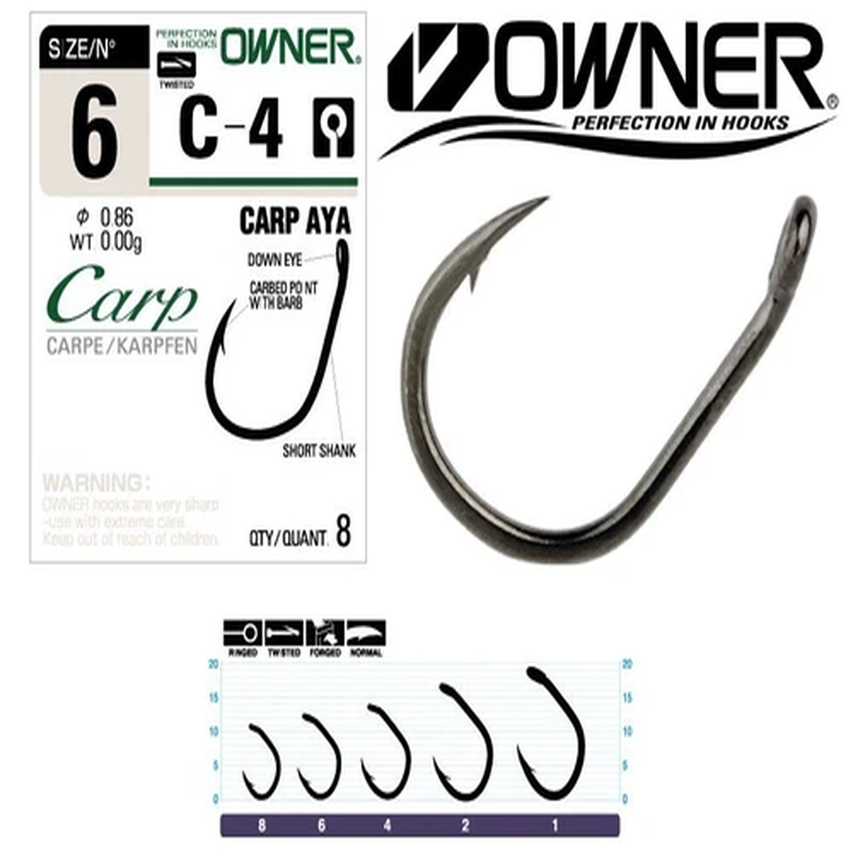 Owner AYA 50924 hooks Carp Barbed Eyed CARBON MIXED black hook PERFECTION SEA